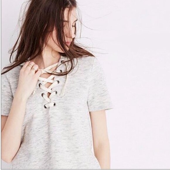 Madewell Size Small Gray Lace Up Short Sleeve Sweatshirt - Picture 1 of 10